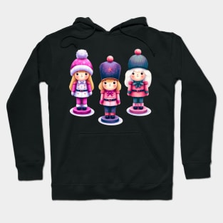 Offset Colorful Trio of Christmas Nutcracker Dolls - Pink and Purple Hoodie